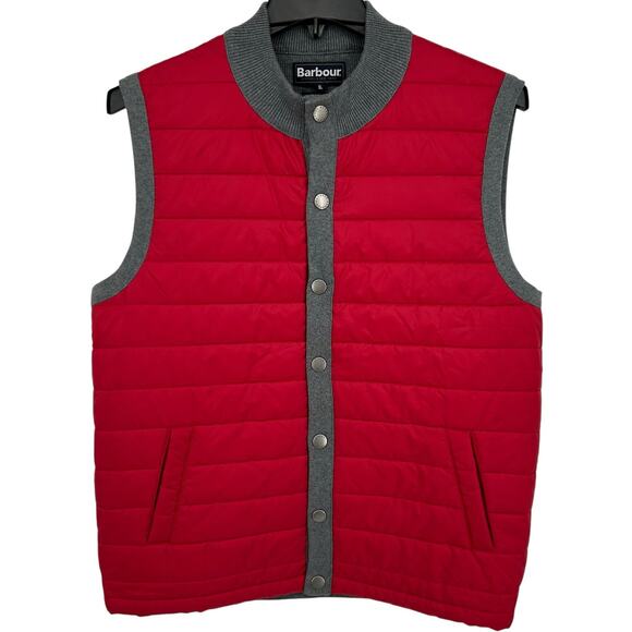 Men's Red Grey Barbour Weather Comfort Essential Gilet Quilted Snap Vest XL - Picture 1 of 8